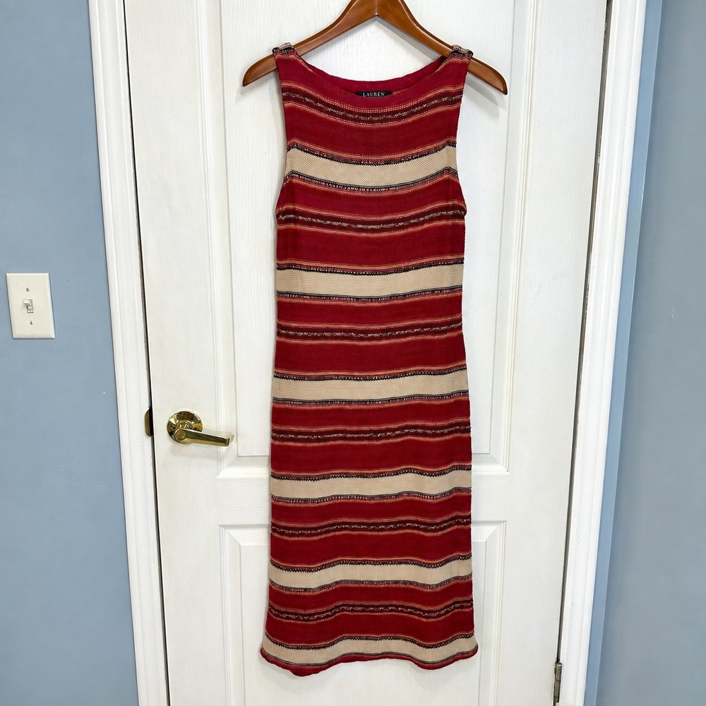 Lauren Ralph Lauren Red Multi Stripe Linen Cotton Knit Midi Sheath Dress Mens M